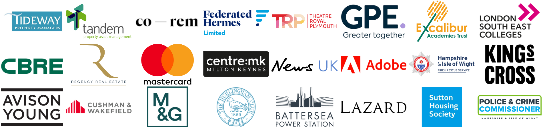 Our Clients (1900 x 450 px) (2) Image showing logos of Vixus Property Advisory's clients, including Federated Hermes, CBRE, Skanska, Mastercard, Cushman & Wakefield, Adobe, Great Portland Estates (GPE), News UK, Avison Young, and centre:mk